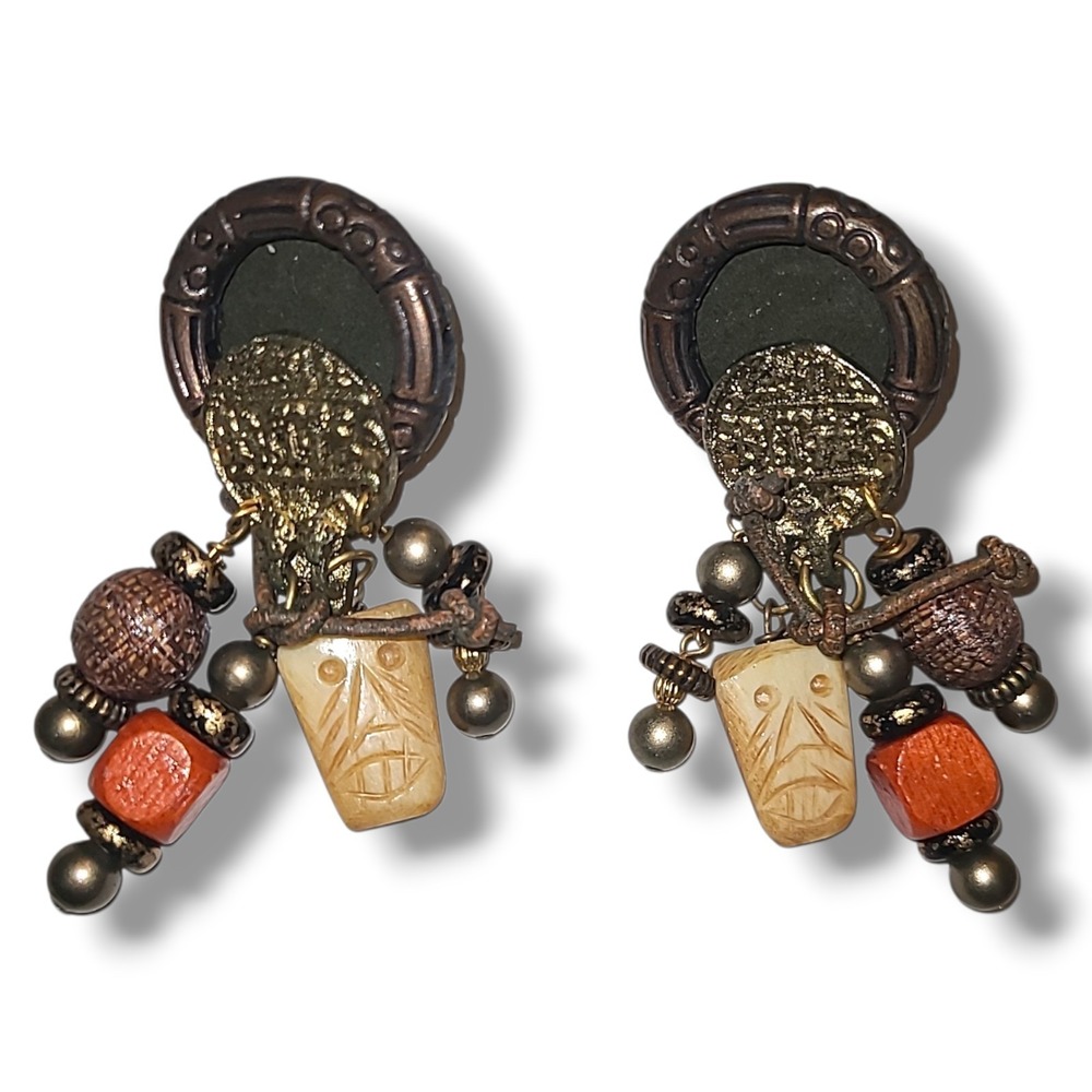 Vintage 80s Tribal Tiki Mask Beaded Dangle Clip Earrings Chunky‎ Statement